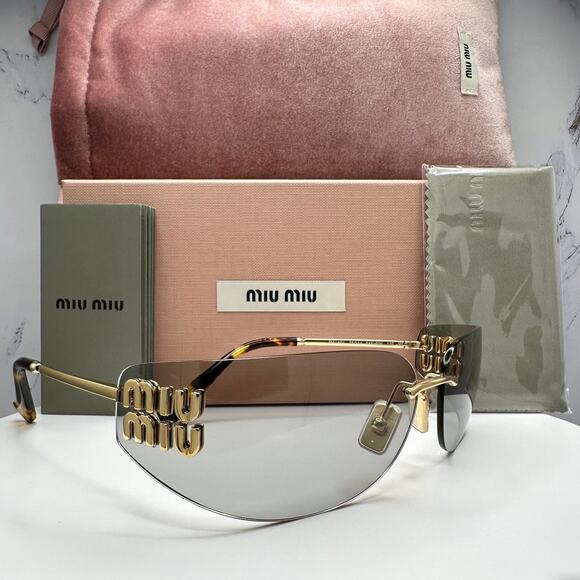 New MIU MIU Logo Sunglasses 2025 Runway Gold Slim Skinny Wrap Rimless Italy - Picture 15 of 16